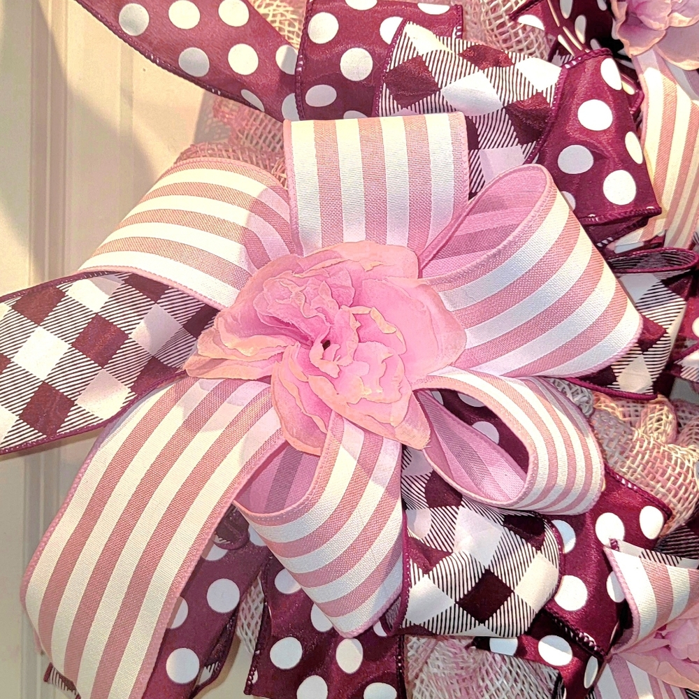 Mother Daughter Wreath Deco Mesh Bow Butterflies Pink Burgundy - Picture 6 of 9